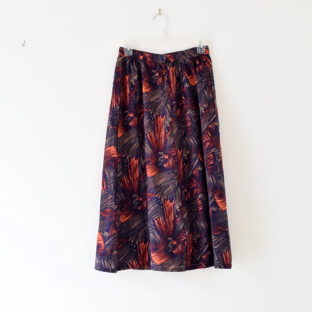 GREENWICH SQUARE Vintage Autumn Leaves Botanical Foliage Print Midi Skirt
